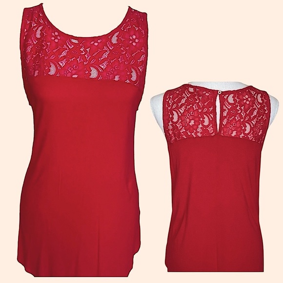 Old Navy Lace Yoke Swing Tank Cherry Red Sleeveless Keyhole Button Closure Sz L - Picture 1 of 14